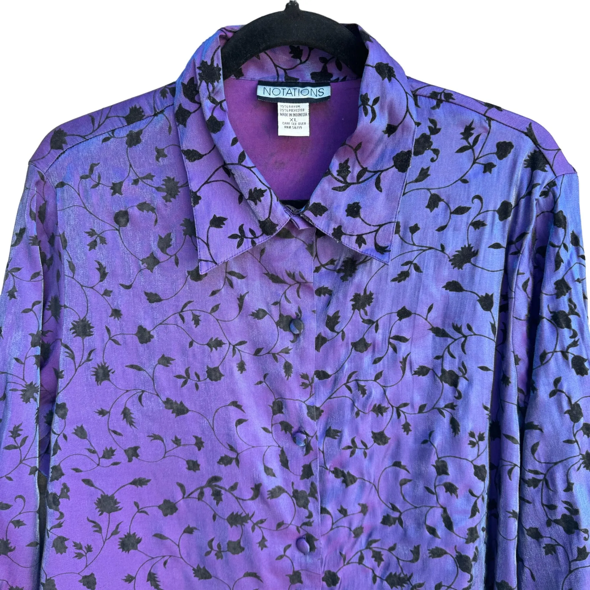 Notations Vintage Womens Irridescent Purple Black Velvet Floral Button-Up Blouse