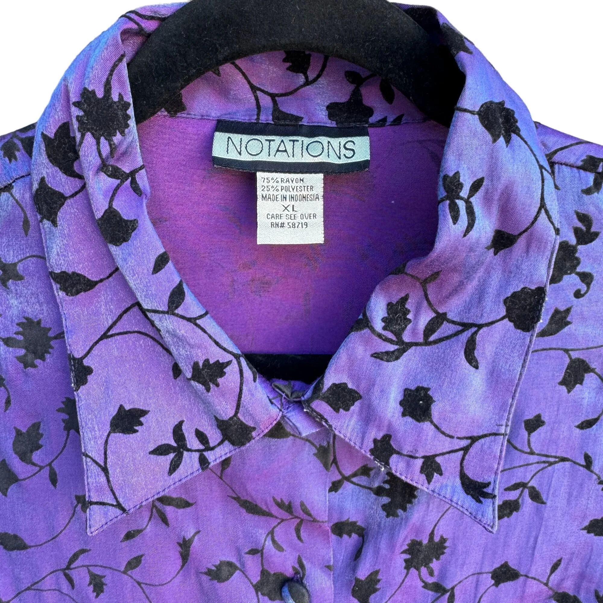 Notations Vintage Womens Irridescent Purple Black Velvet Floral Button-Up Blouse
