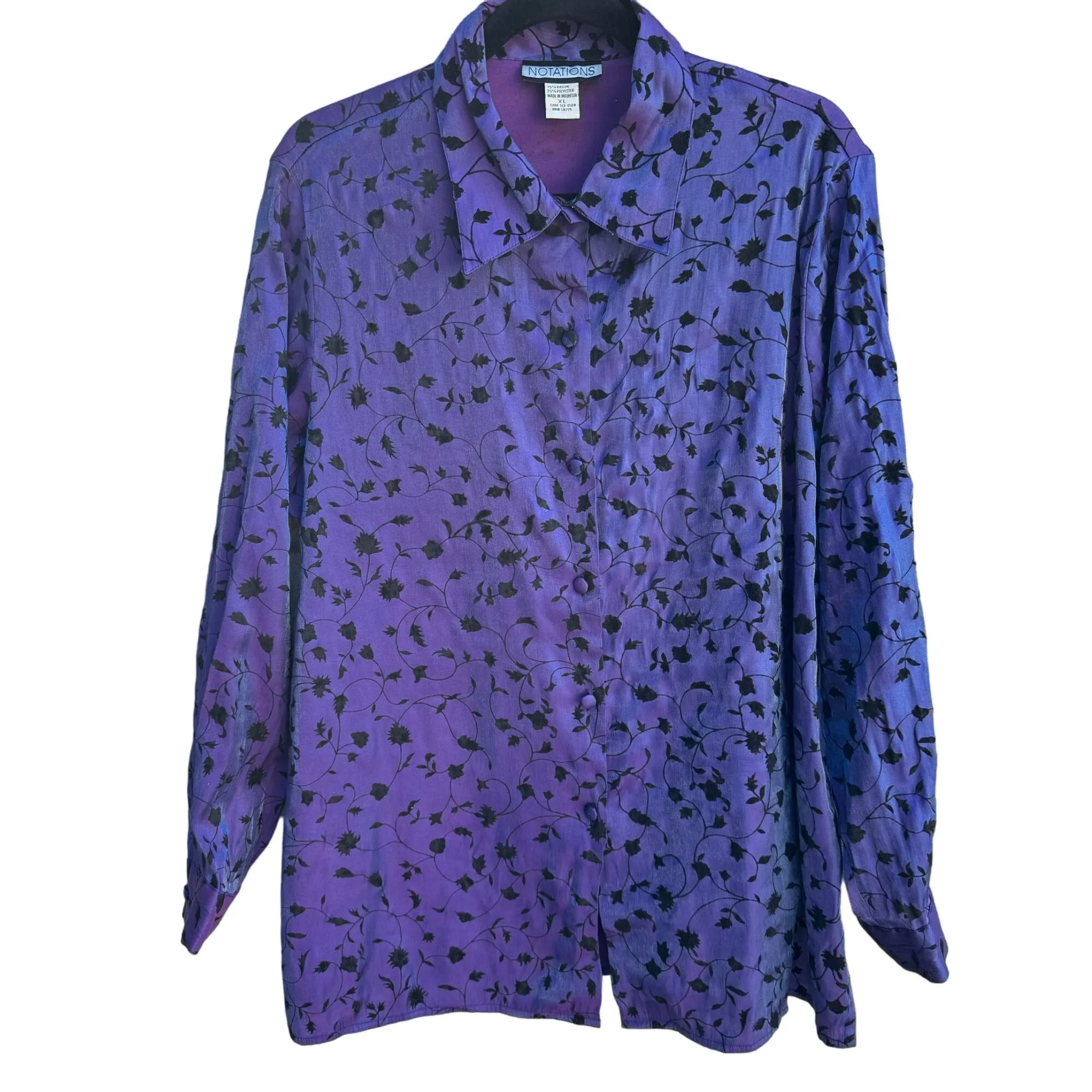 Notations Vintage Womens Irridescent Purple Black Velvet Floral Button-Up Blouse