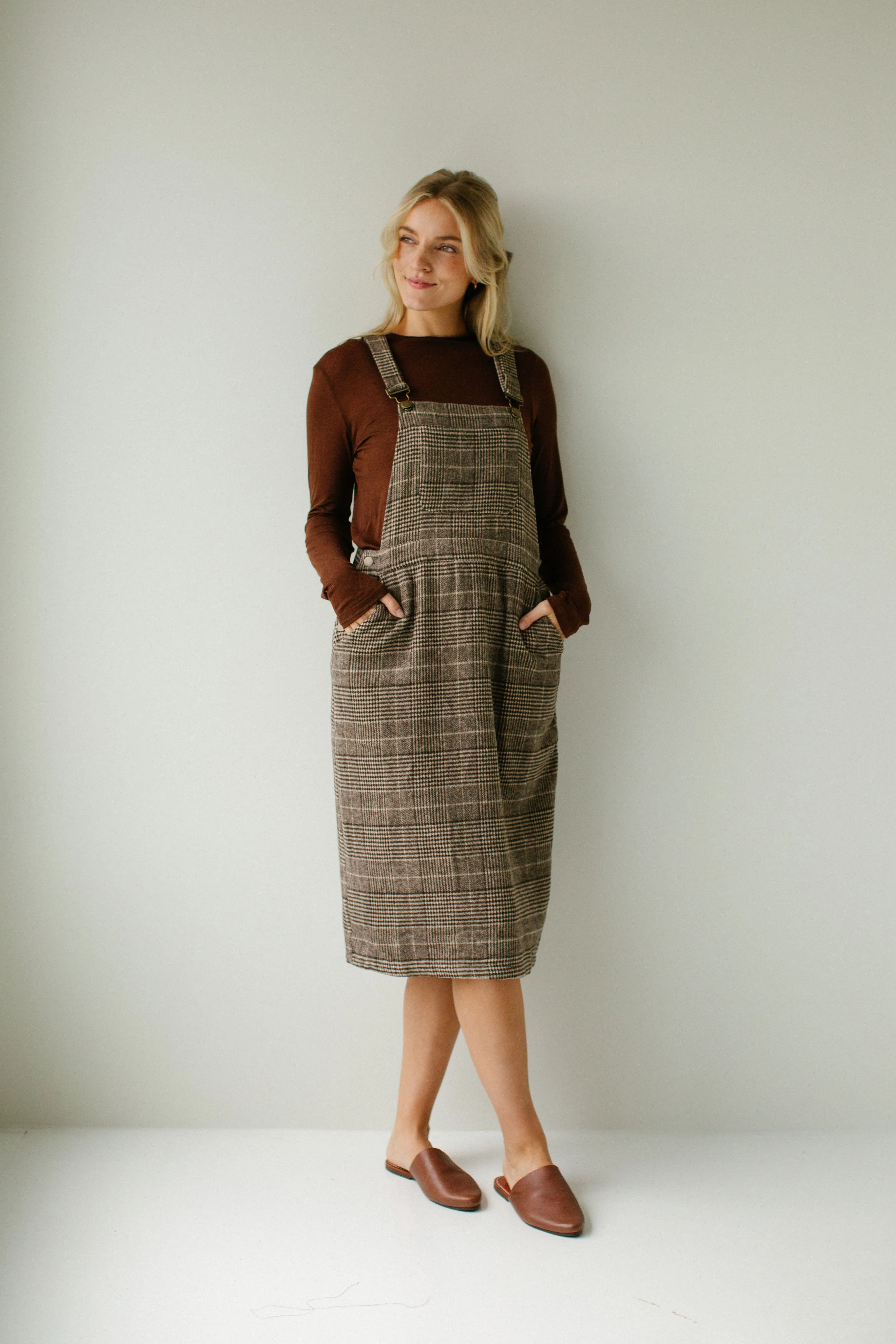 'Oaks' Plaid Overall Dress in Brown
