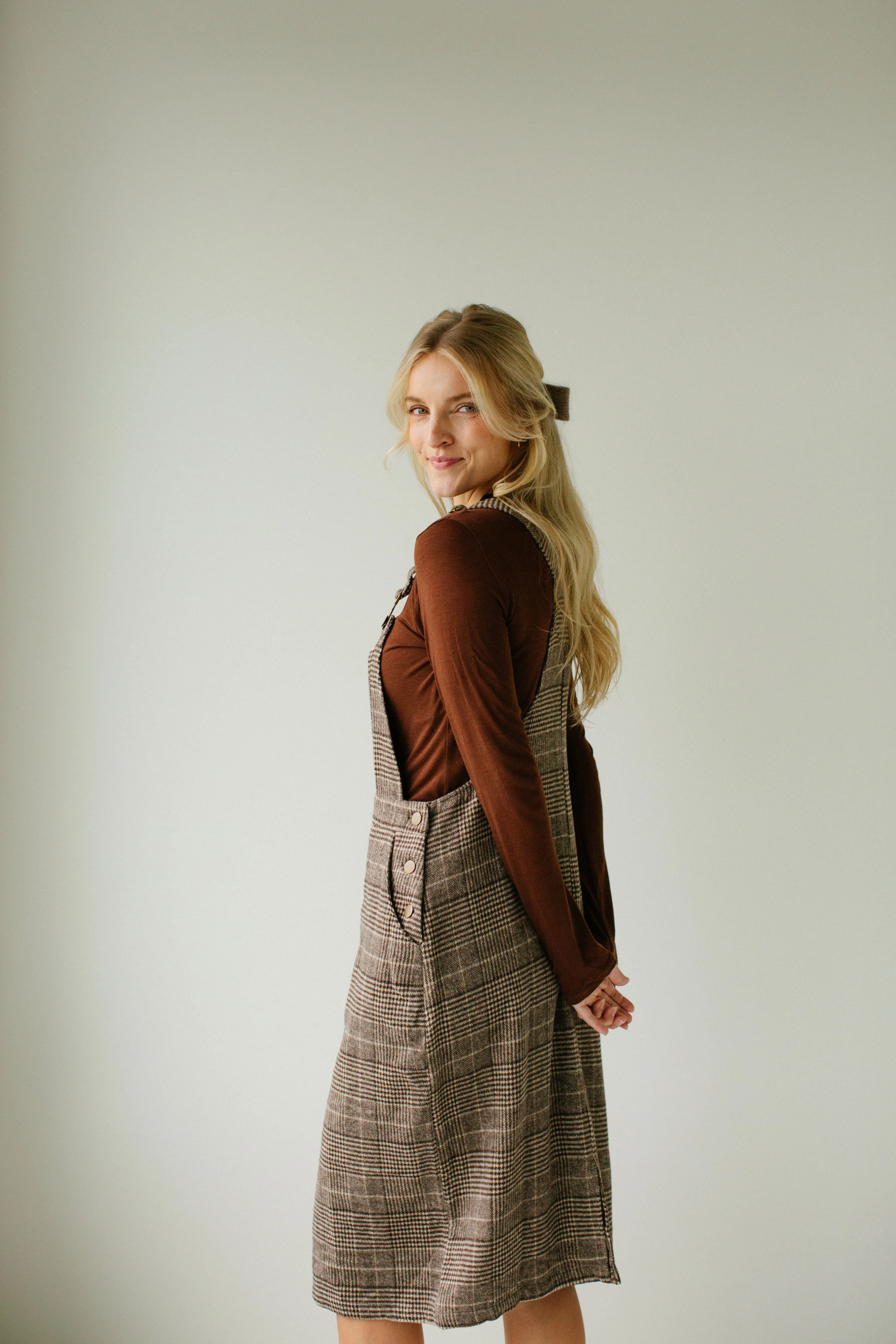 'Oaks' Plaid Overall Dress in Brown