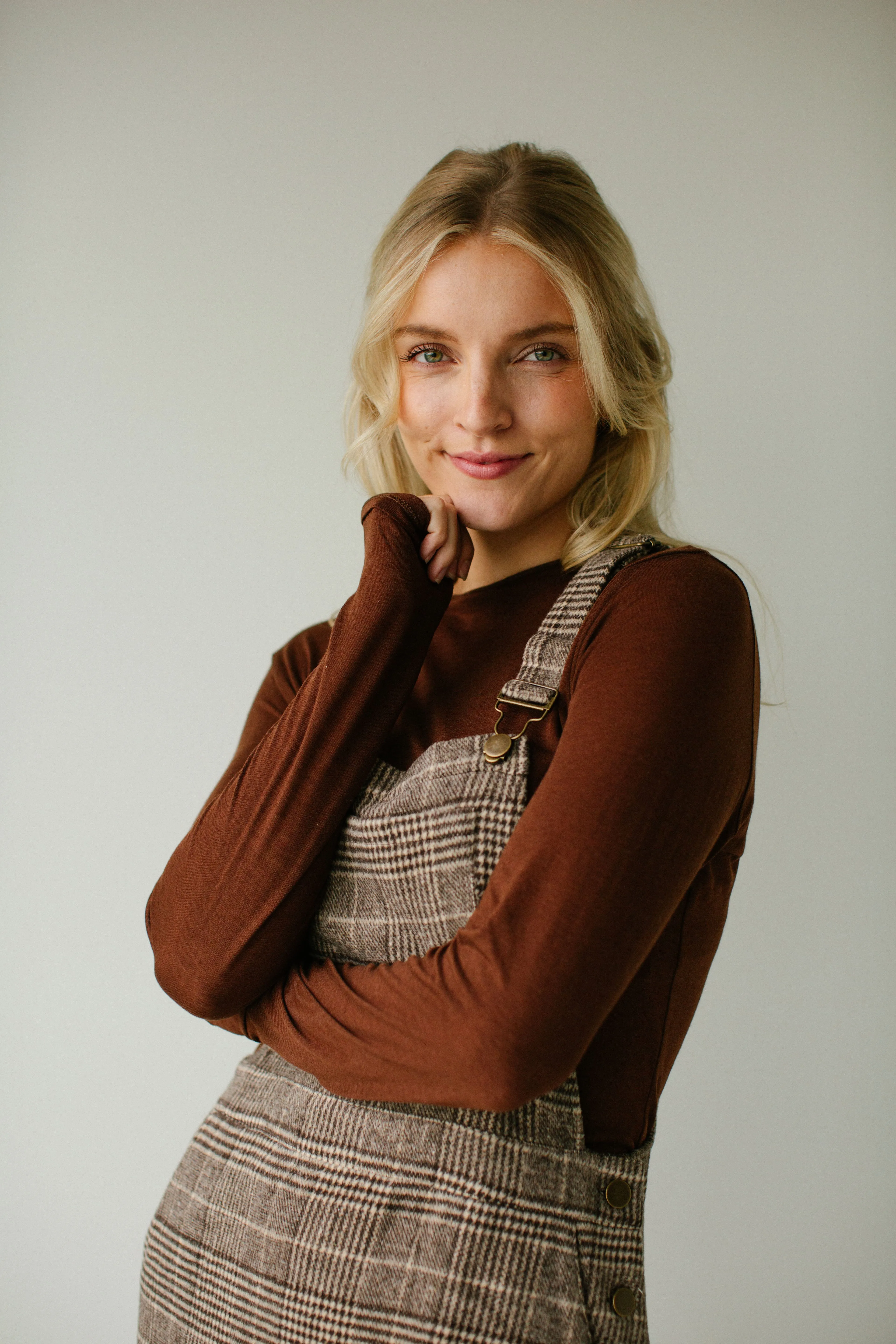 'Oaks' Plaid Overall Dress in Brown