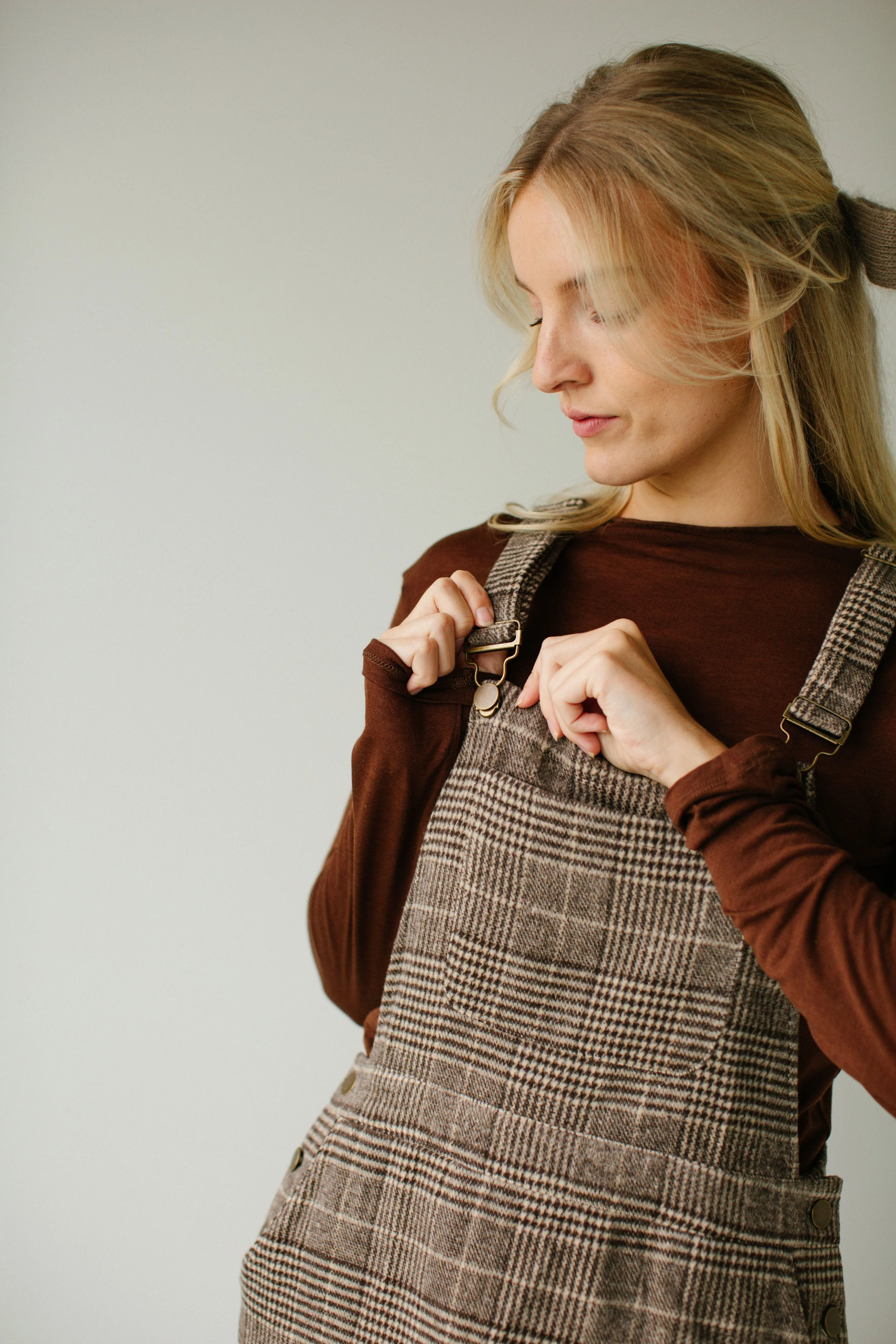 'Oaks' Plaid Overall Dress in Brown