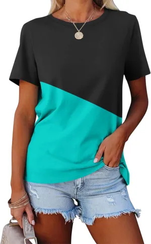 ORANDESIGNE Women's Color Block Short Sleeve T Shirts Casual Crew Neck Tops Basic Summer Loose Fit Tees