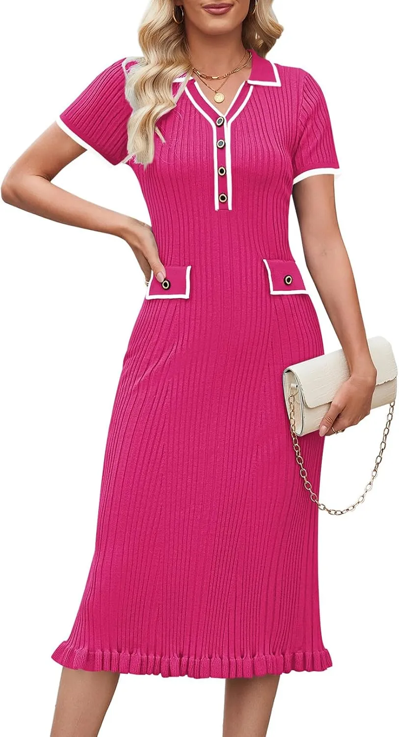 Pink Queen Women's Elegant Bodycon Dress 2025 Short Sleeve V Neck Half Button Cocktail Party Ribbed Knit Long Sweater Dress