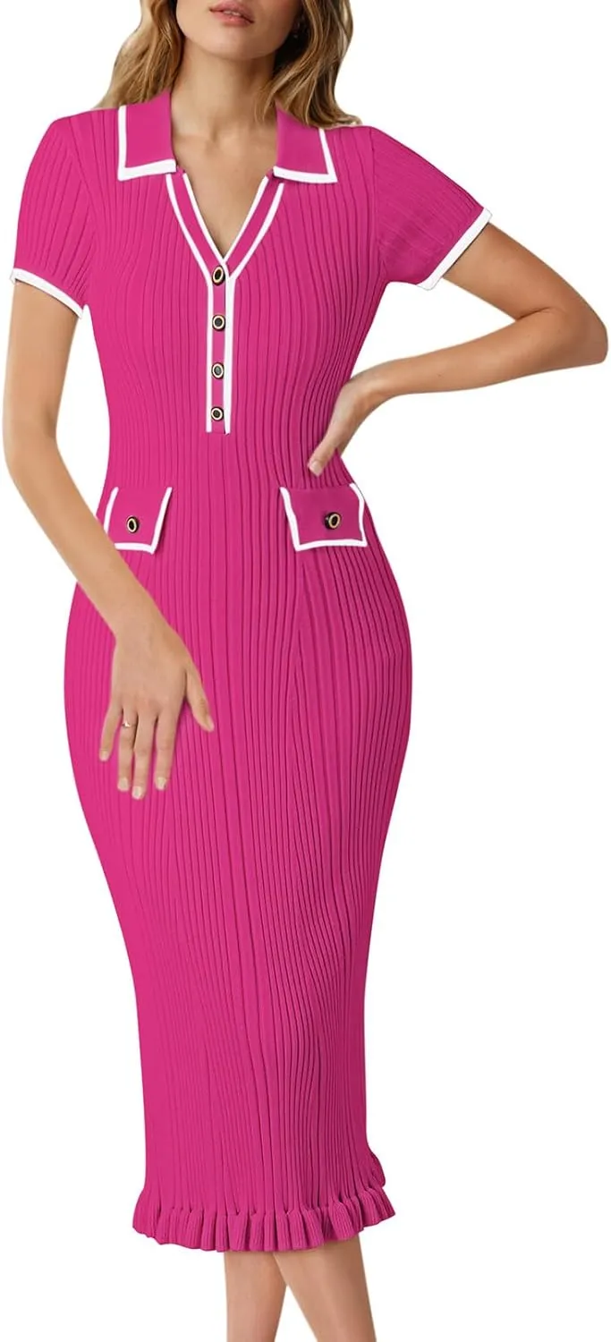 Pink Queen Women's Elegant Bodycon Dress 2025 Short Sleeve V Neck Half Button Cocktail Party Ribbed Knit Long Sweater Dress