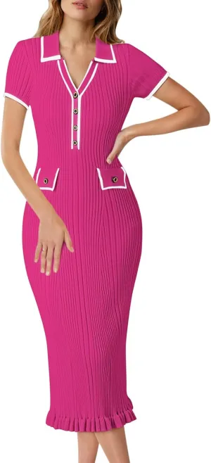 Pink Queen Women's Elegant Bodycon Dress 2025 Short Sleeve V Neck Half Button Cocktail Party Ribbed Knit Long Sweater Dress