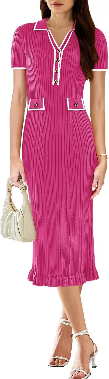 Pink Queen Women's Elegant Bodycon Dress 2025 Short Sleeve V Neck Half Button Cocktail Party Ribbed Knit Long Sweater Dress