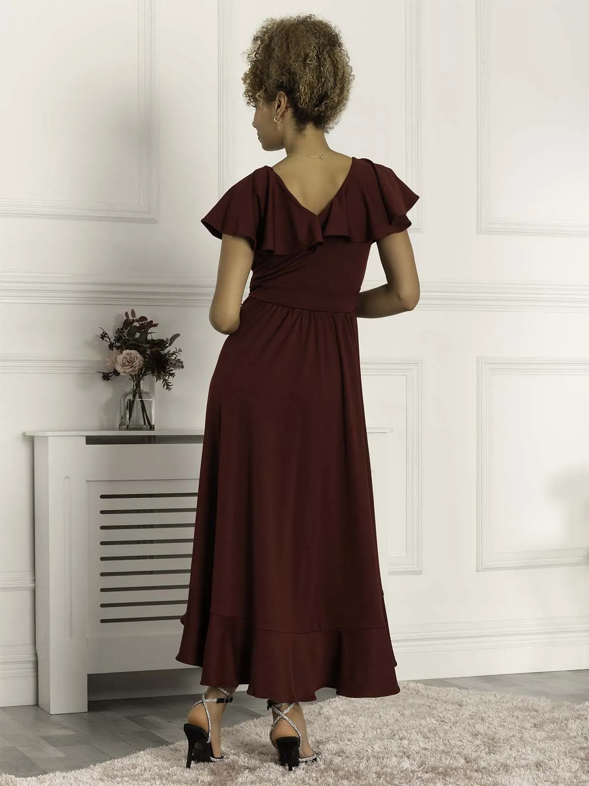 Priya Frill Dipped Hem Dress, Burgundy