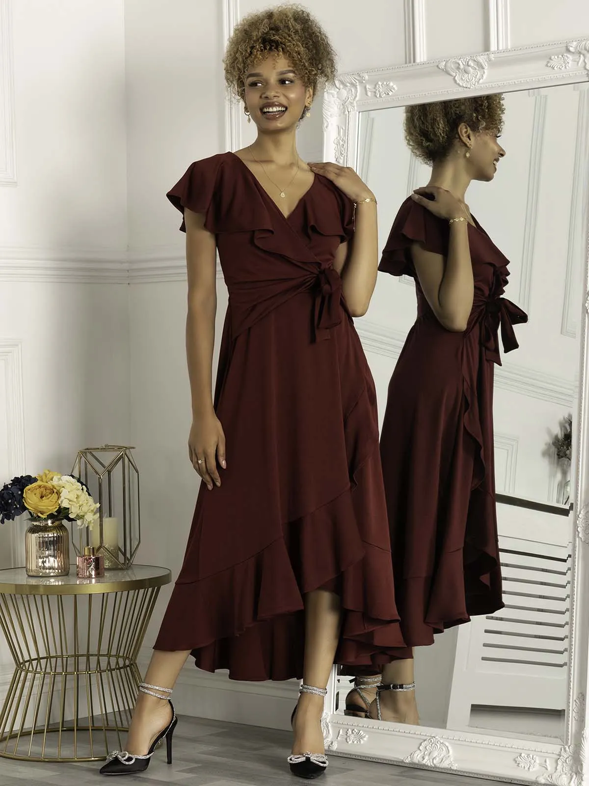 Priya Frill Dipped Hem Dress, Burgundy