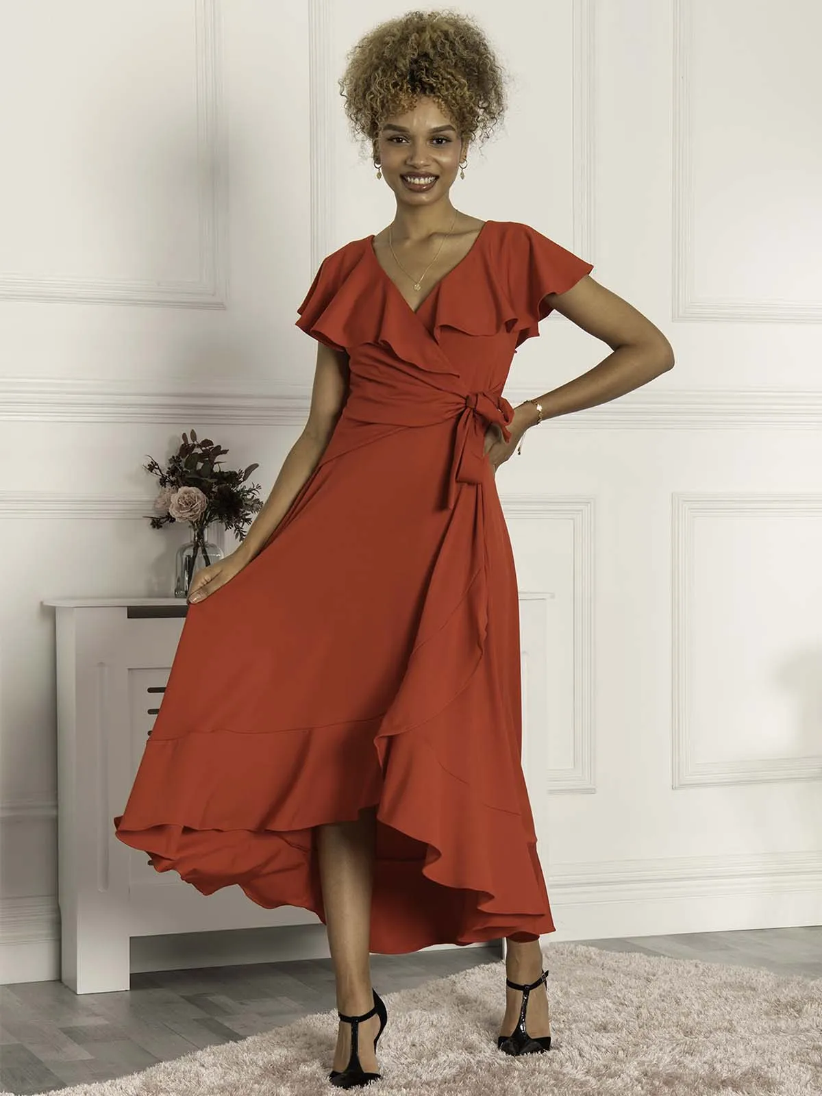Priya Frill Dipped Hem Dress, Red