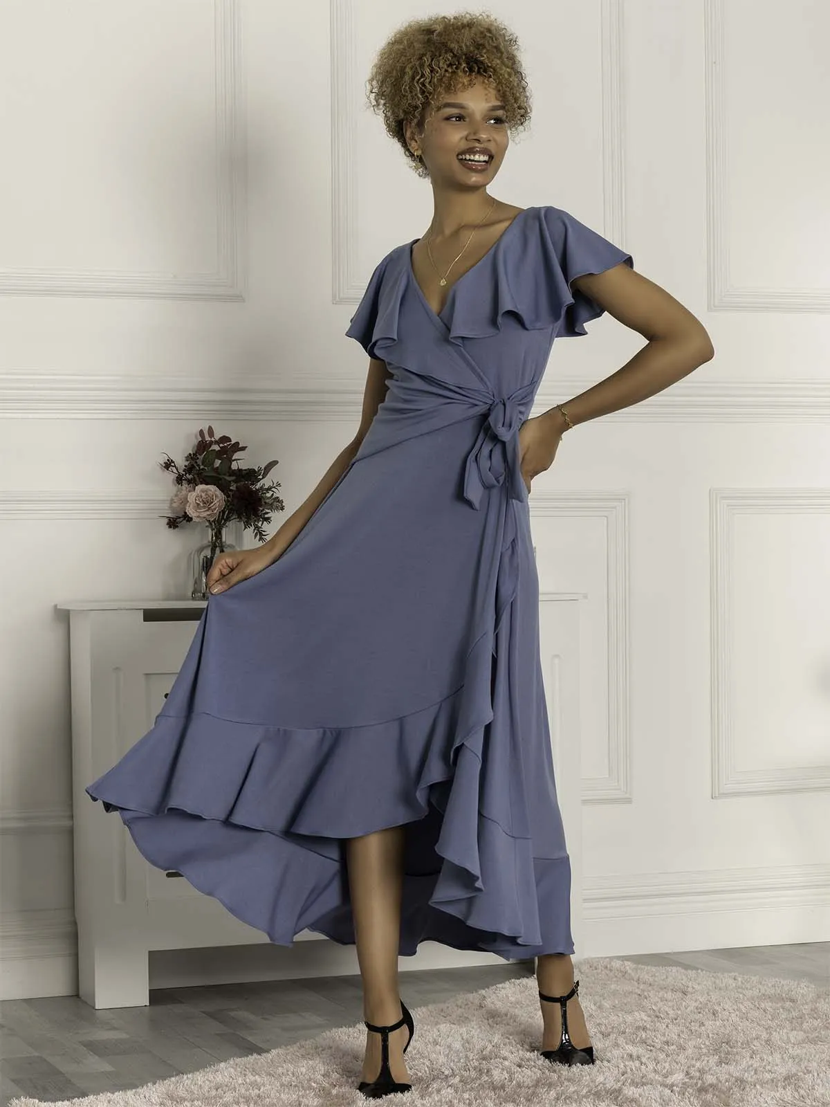 Priya Frill Dipped Hem Dress, Steel Blue