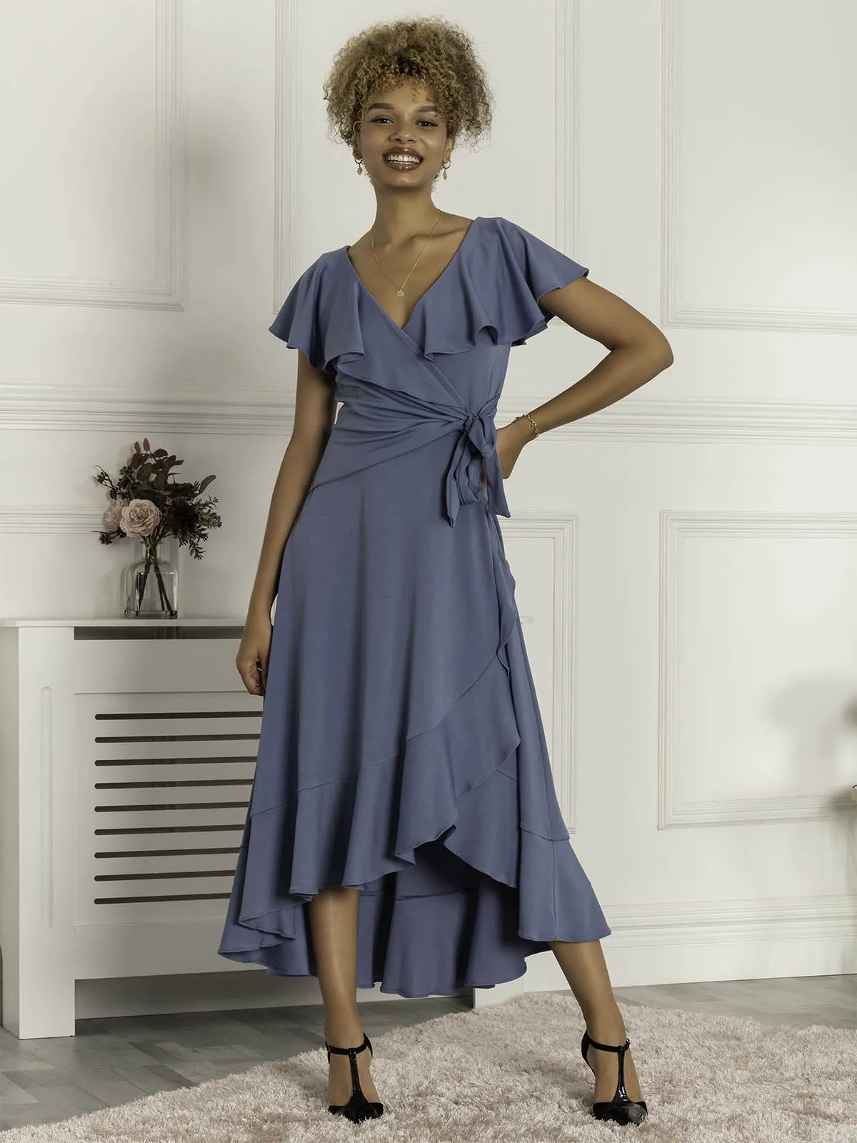 Priya Frill Dipped Hem Dress, Steel Blue
