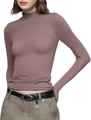 PUMIEY Women's Long Sleeve T Shirts Mock Turtleneck Slim Fit Tops Sexy Basic Tee Smoke Cloud Pro Collection