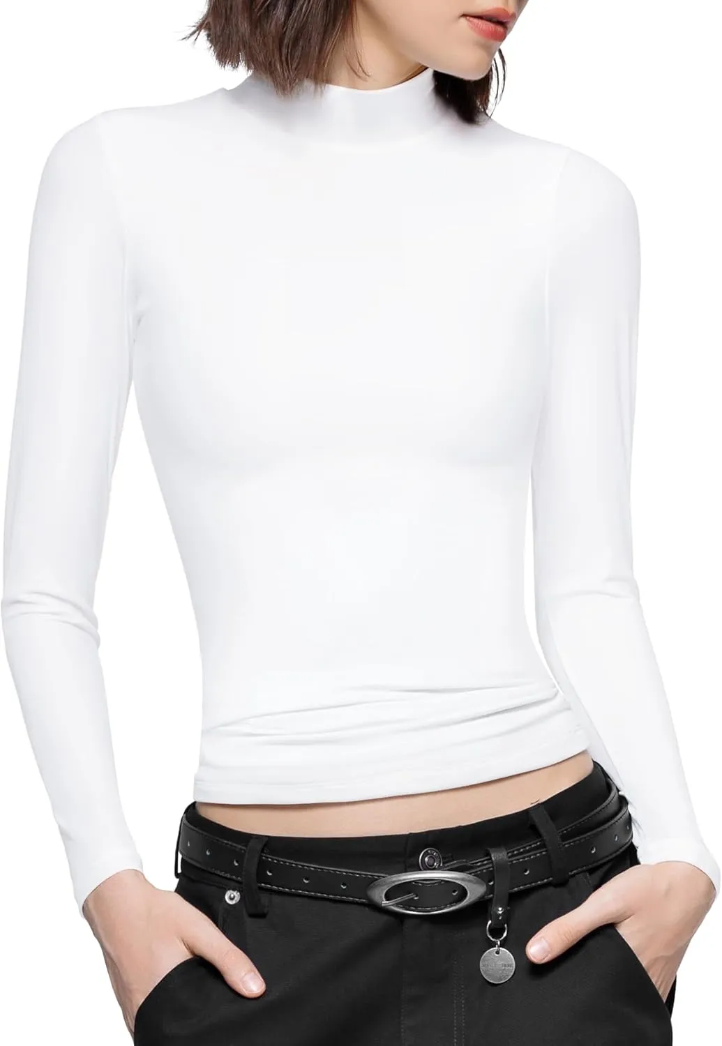 PUMIEY Women's Long Sleeve T Shirts Mock Turtleneck Slim Fit Tops Sexy Basic Tee Smoke Cloud Pro Collection