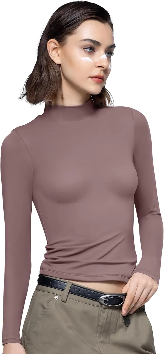 PUMIEY Women's Long Sleeve T Shirts Mock Turtleneck Slim Fit Tops Sexy Basic Tee Smoke Cloud Pro Collection