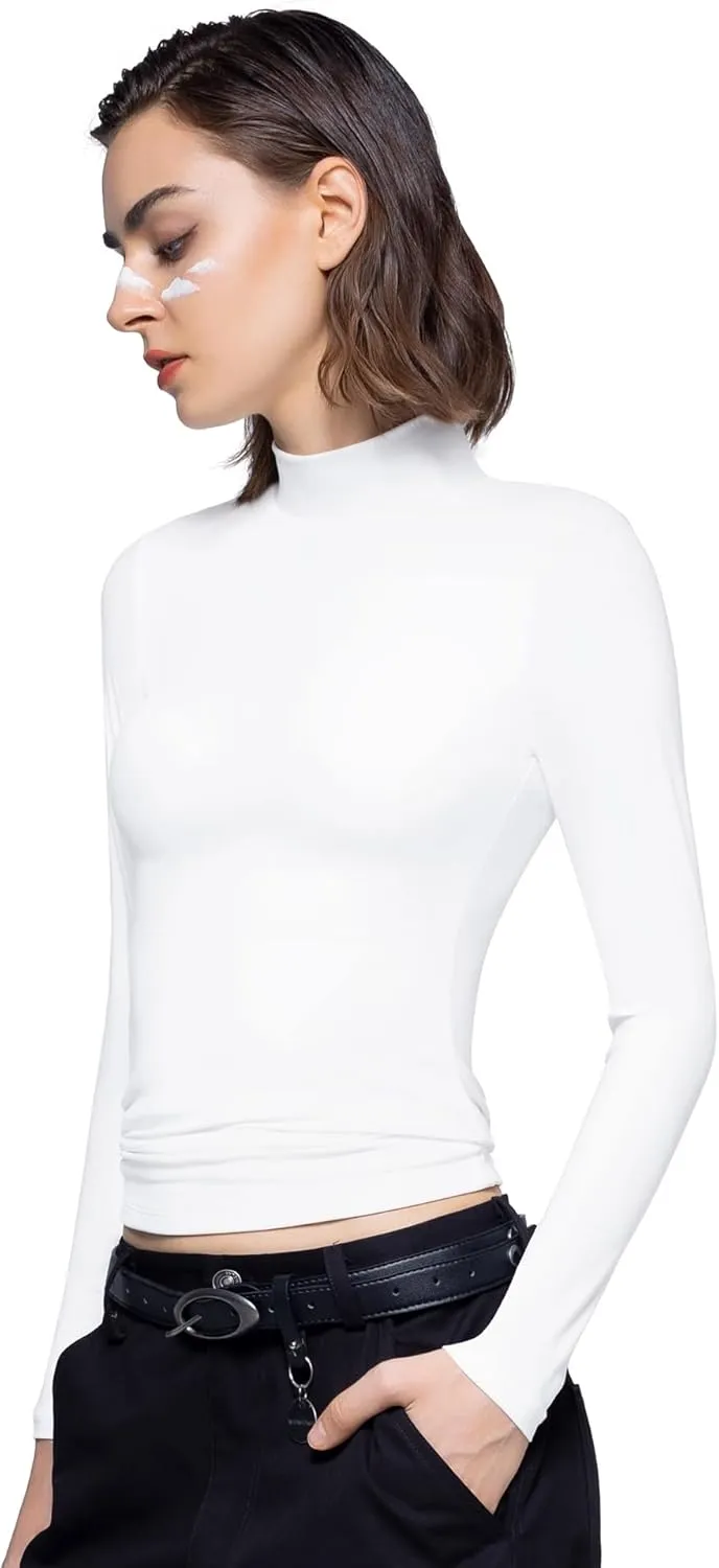 PUMIEY Women's Long Sleeve T Shirts Mock Turtleneck Slim Fit Tops Sexy Basic Tee Smoke Cloud Pro Collection