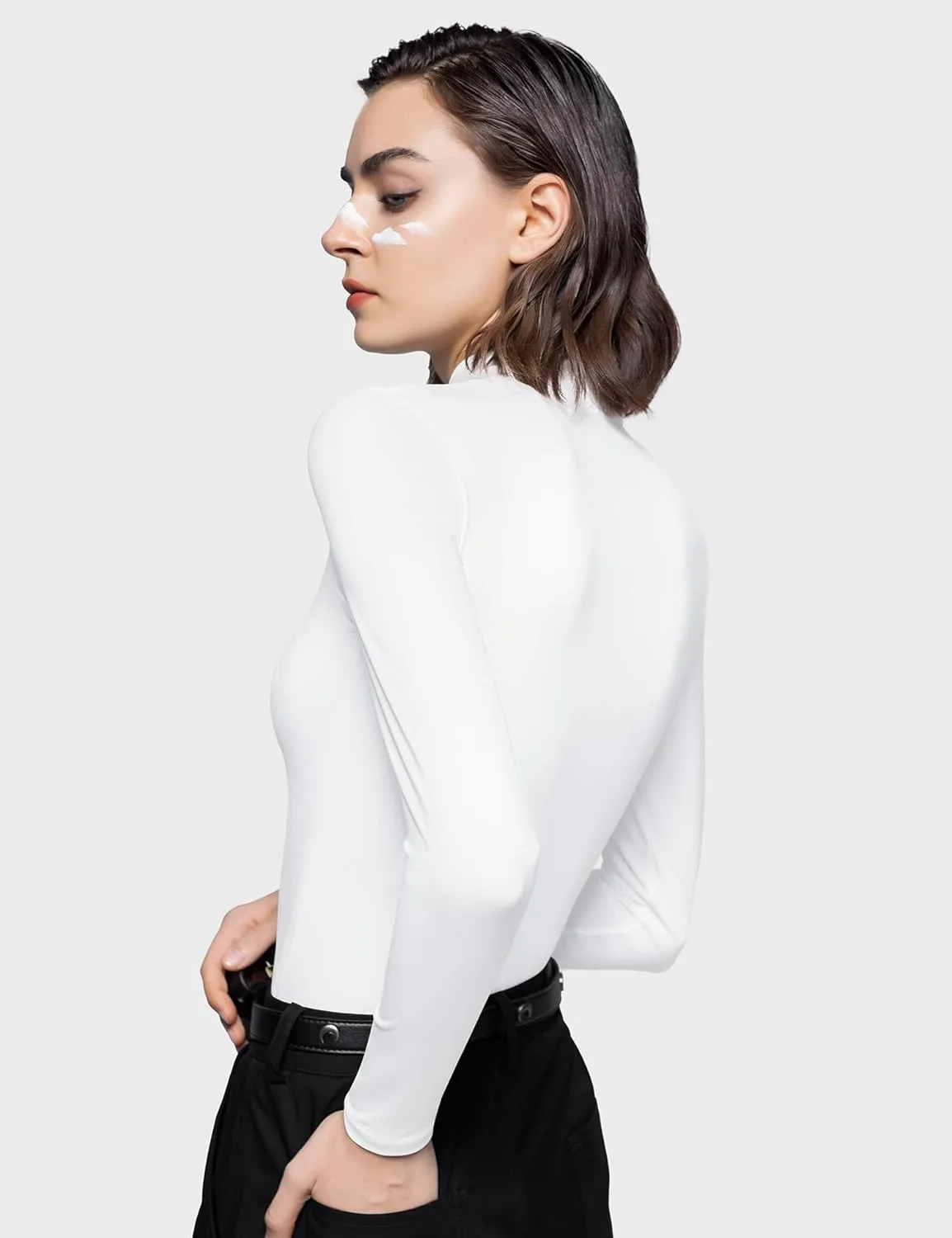 PUMIEY Women's Long Sleeve T Shirts Mock Turtleneck Slim Fit Tops Sexy Basic Tee Smoke Cloud Pro Collection