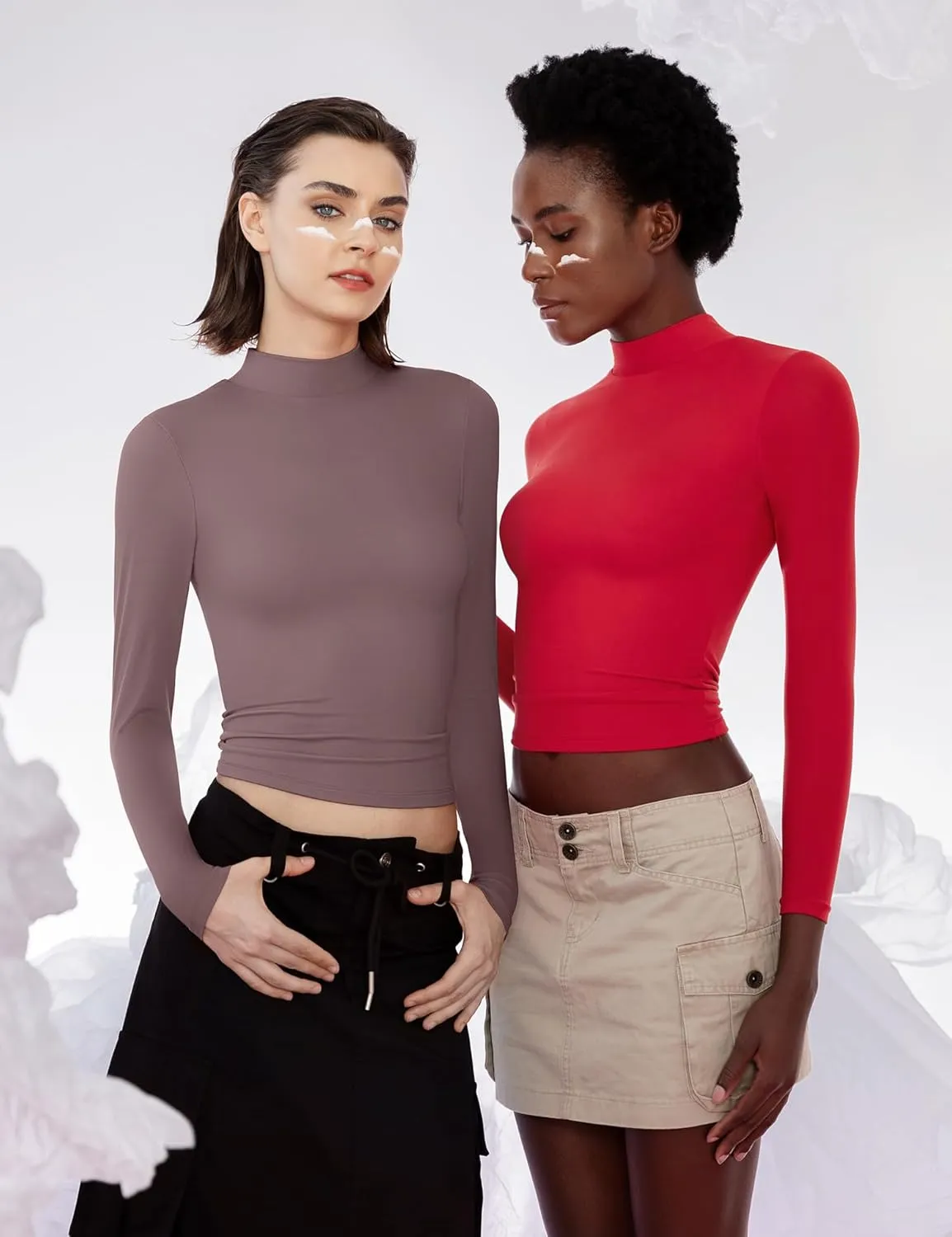 PUMIEY Women's Long Sleeve T Shirts Mock Turtleneck Slim Fit Tops Sexy Basic Tee Smoke Cloud Pro Collection