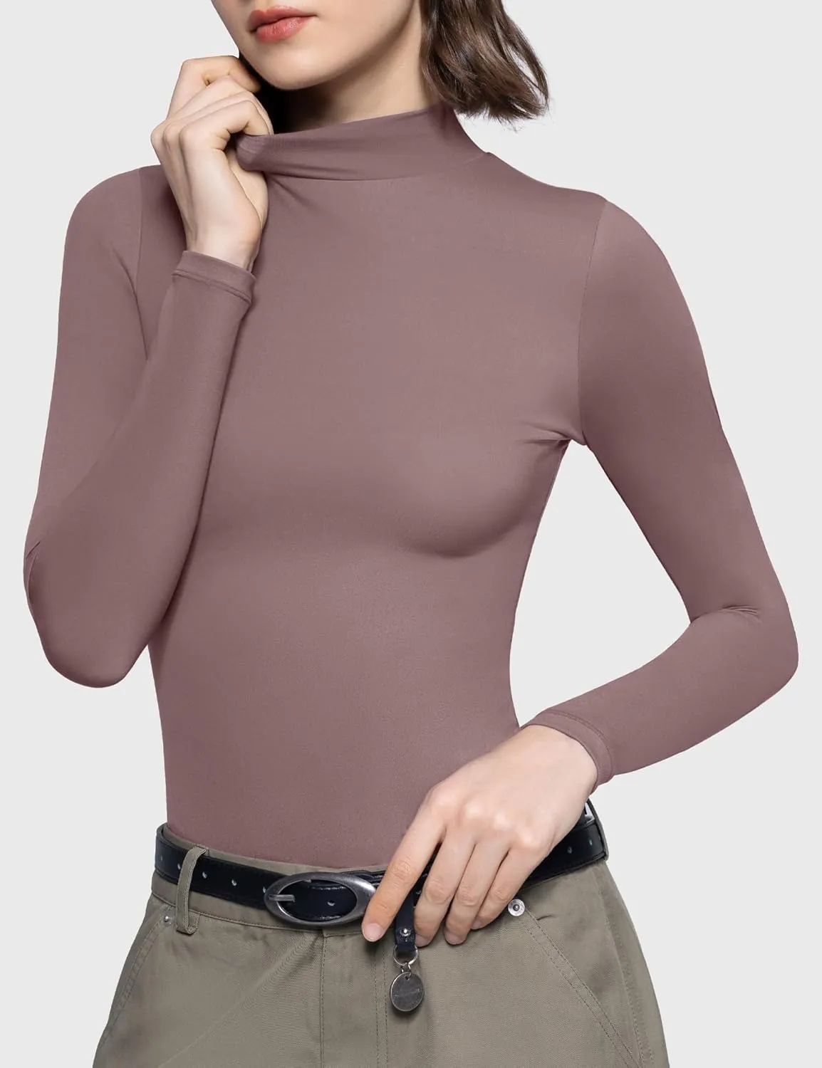 PUMIEY Women's Long Sleeve T Shirts Mock Turtleneck Slim Fit Tops Sexy Basic Tee Smoke Cloud Pro Collection