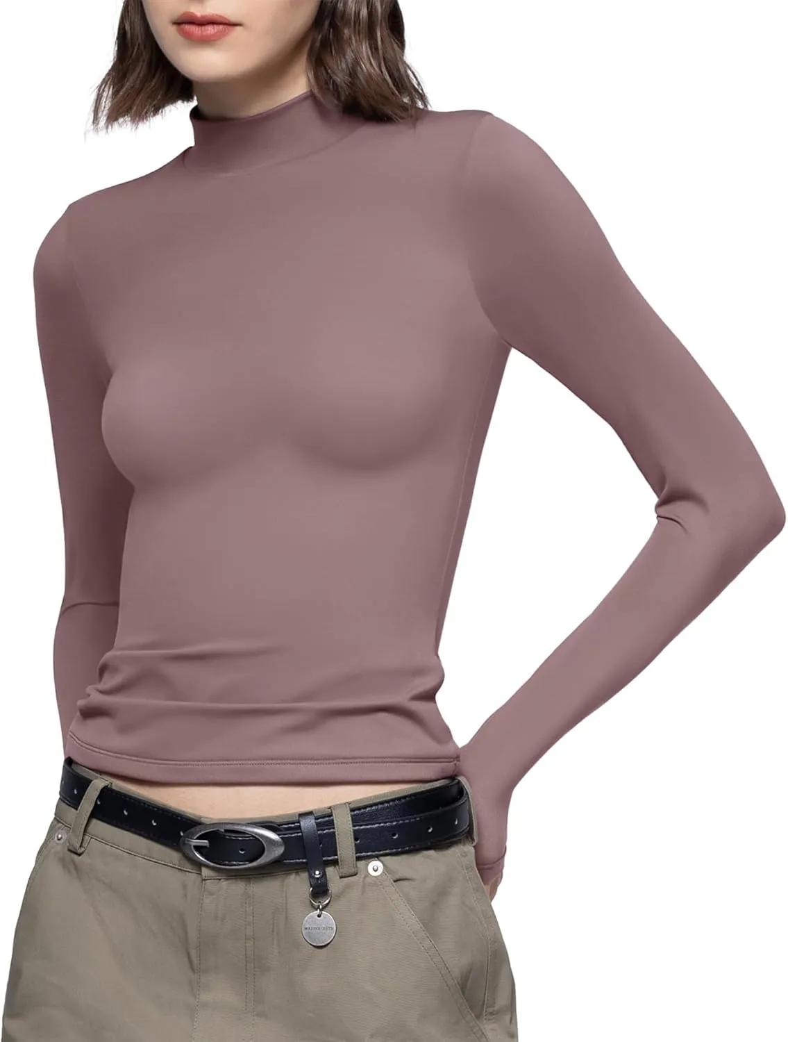 PUMIEY Women's Long Sleeve T Shirts Mock Turtleneck Slim Fit Tops Sexy Basic Tee Smoke Cloud Pro Collection