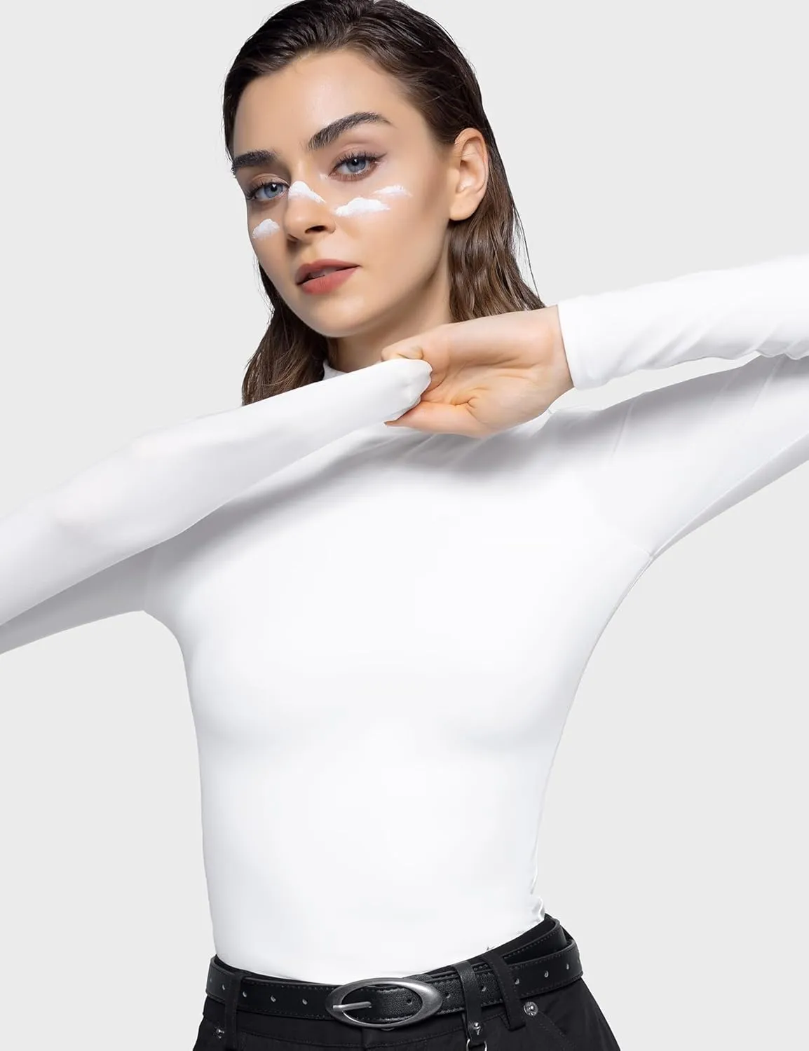 PUMIEY Women's Long Sleeve T Shirts Mock Turtleneck Slim Fit Tops Sexy Basic Tee Smoke Cloud Pro Collection