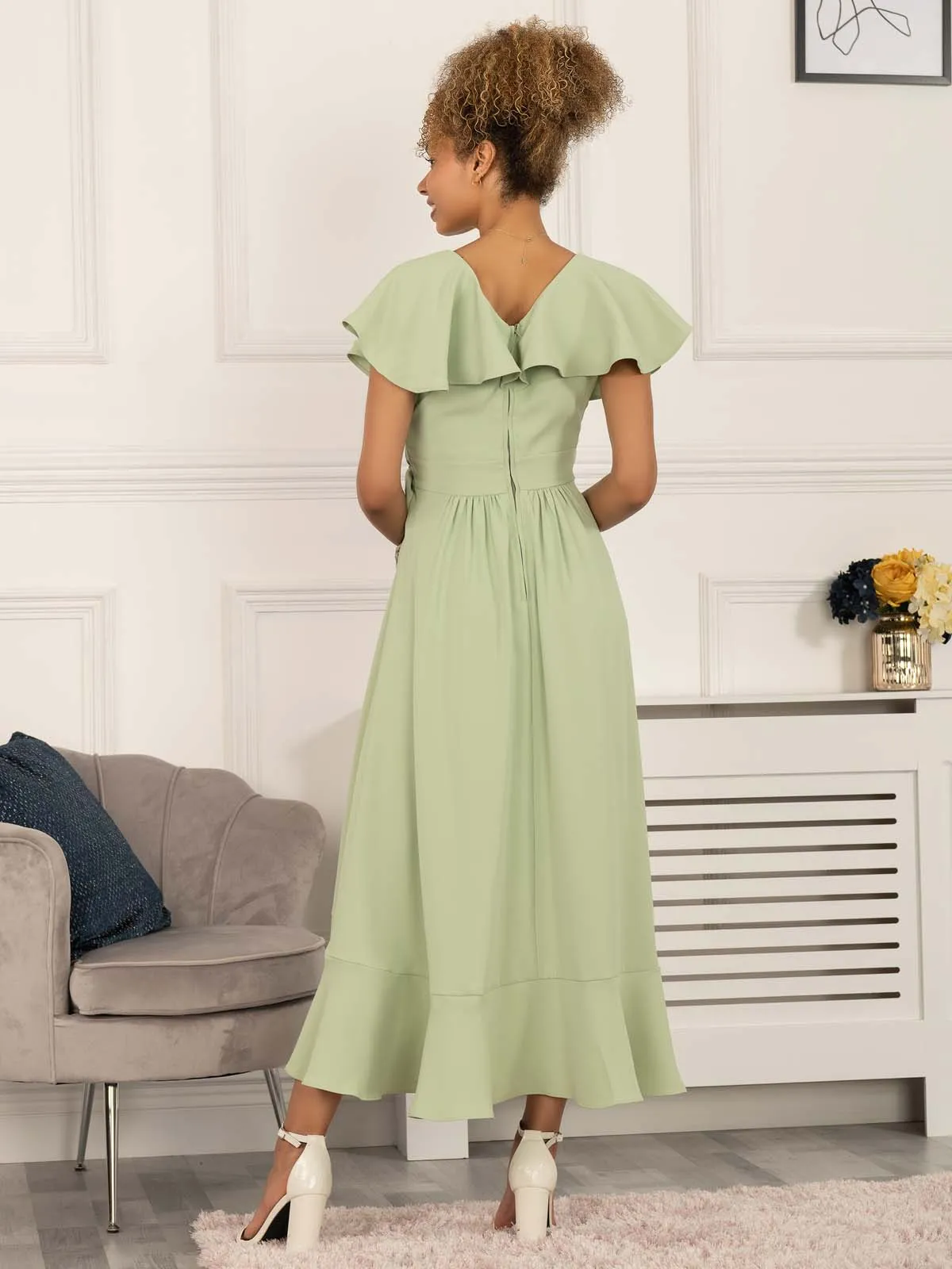 Racele Ruffle Plunging Maxi Dress, Green