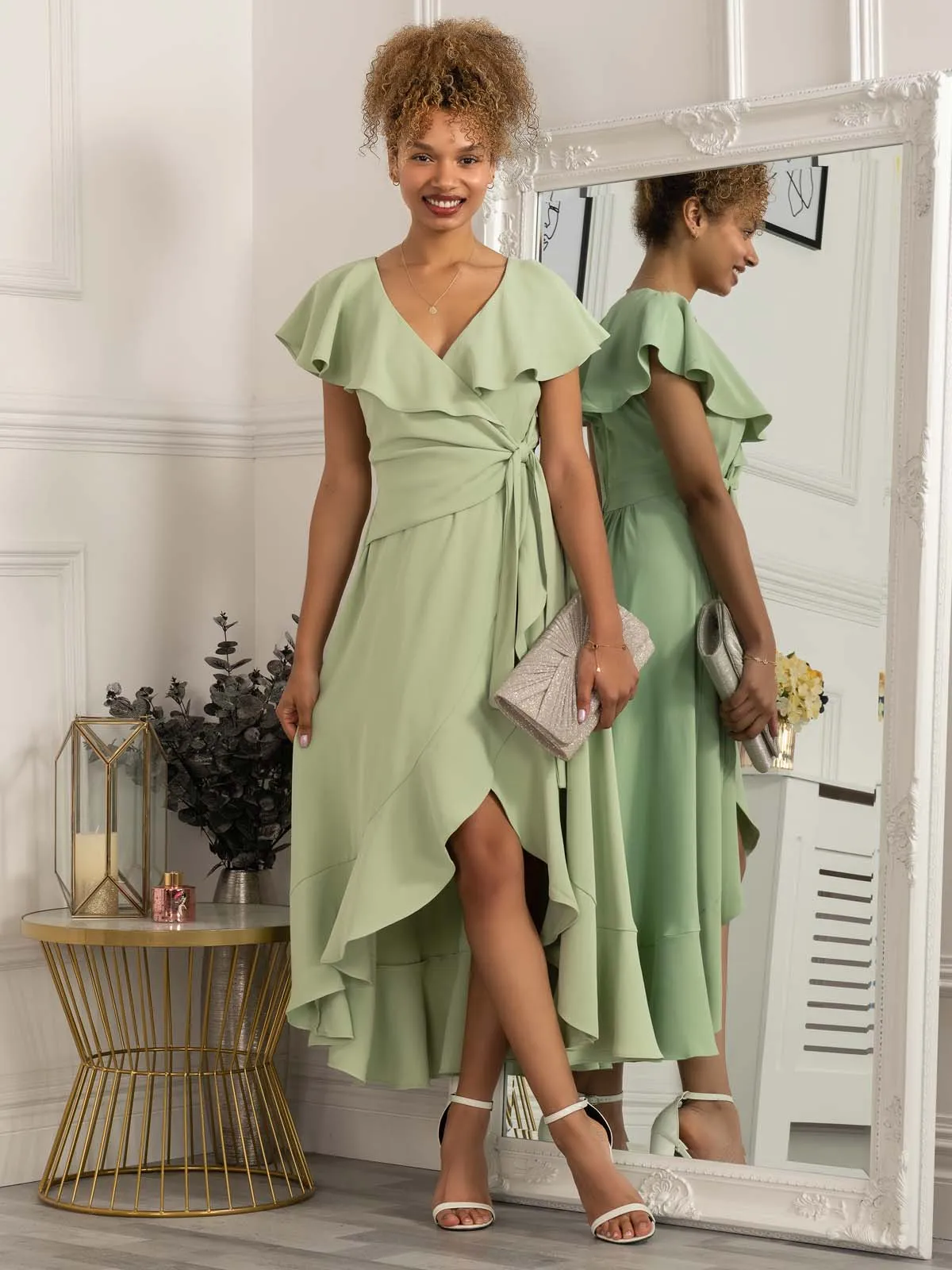 Racele Ruffle Plunging Maxi Dress, Green