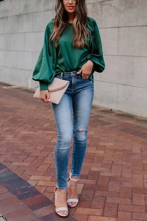 Satin Lantern Sleeve Blouse