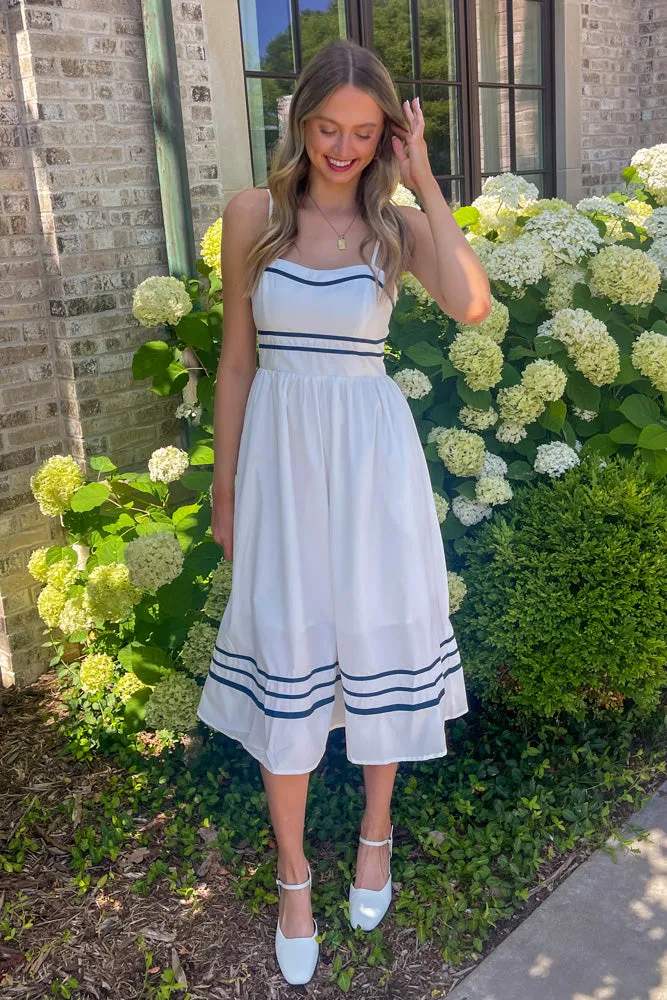 Set Sail With Me Midi Dress-White/Navy