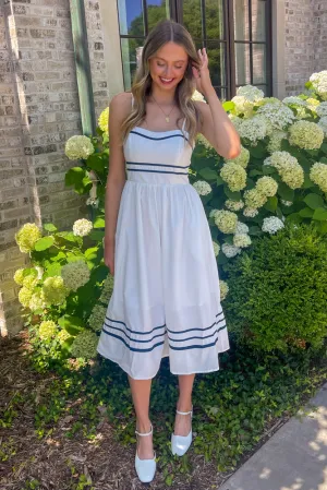 Set Sail With Me Midi Dress-White/Navy