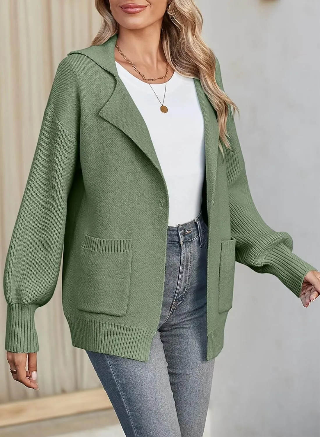 SHEWIN Women Open Front Knit Sweater Button Casual Long Sleeve V Neck Cardigan