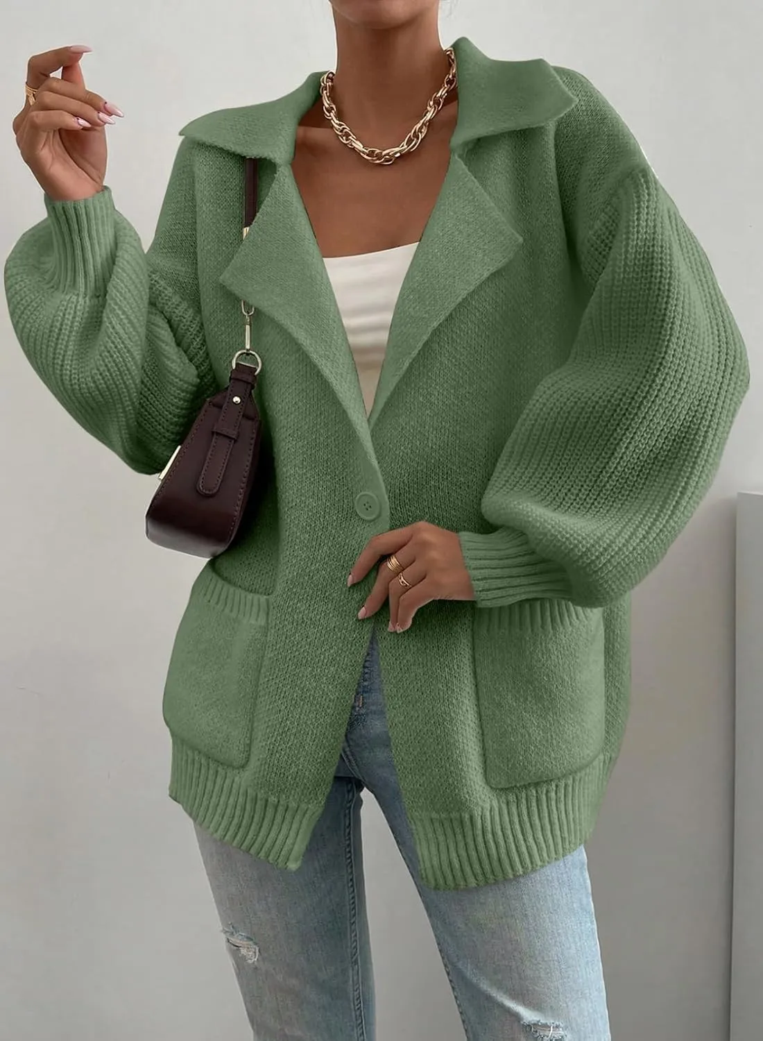 SHEWIN Women Open Front Knit Sweater Button Casual Long Sleeve V Neck Cardigan
