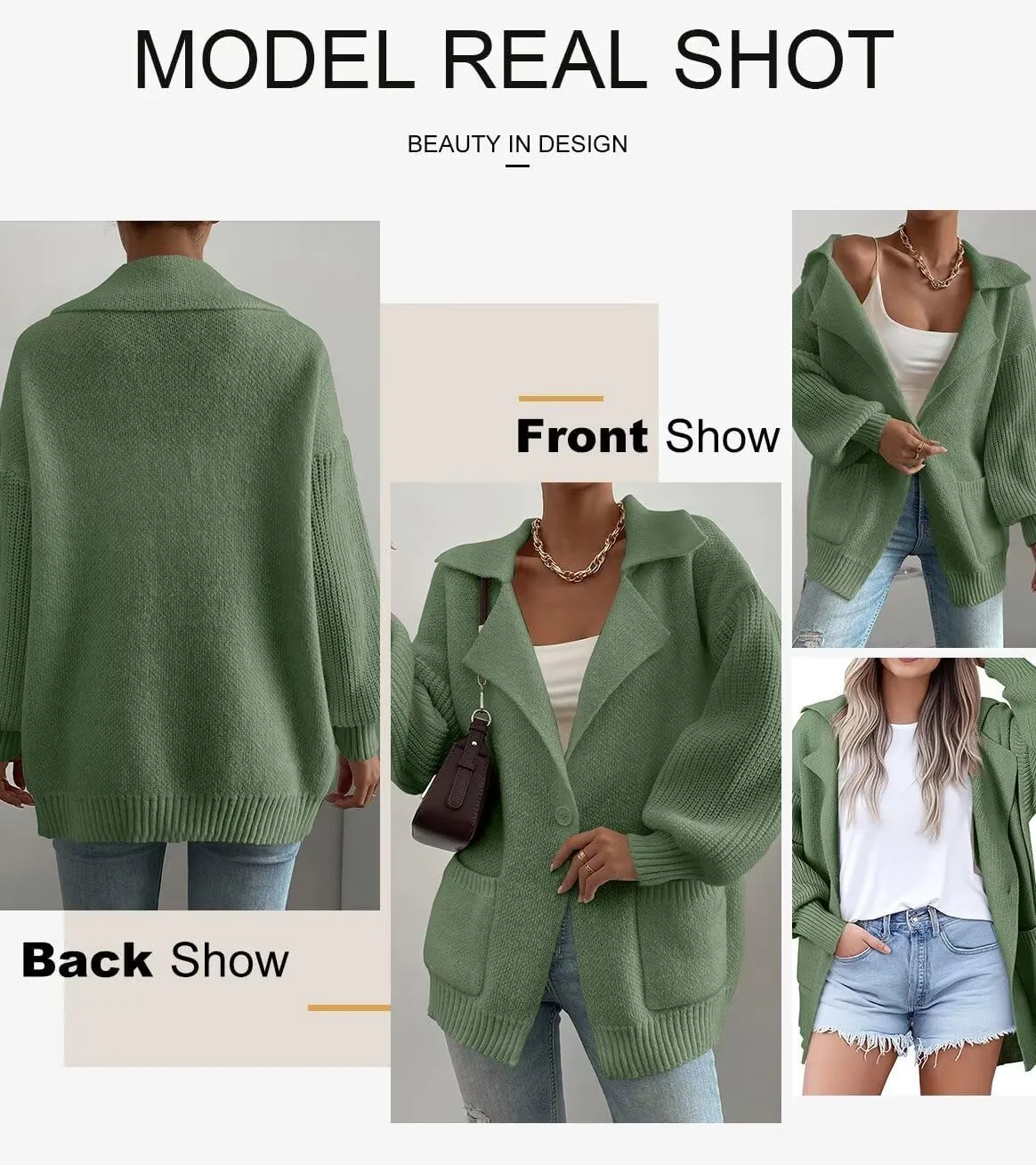 SHEWIN Women Open Front Knit Sweater Button Casual Long Sleeve V Neck Cardigan