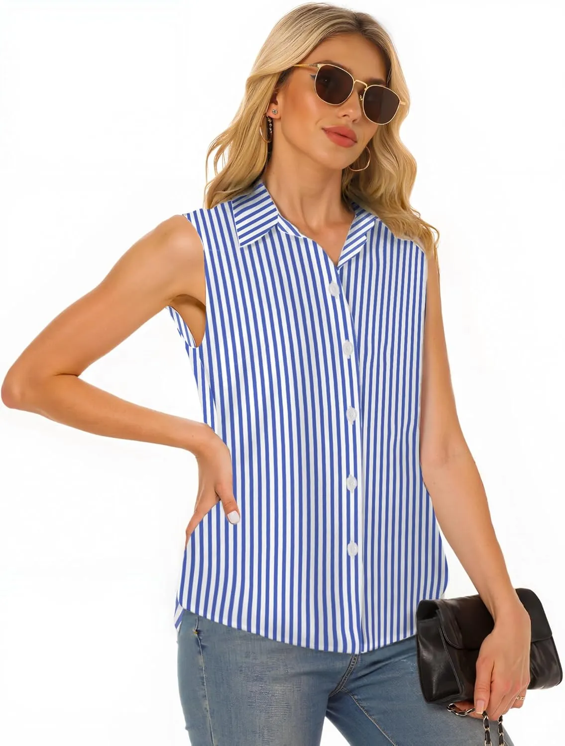 Sleeveless Button Down Shirts for Womens, Solid Casual Blouse V Neck Tank Tops for Business, Classic Collared Basic Tops