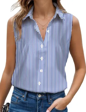 Sleeveless Button Down Shirts for Womens, Solid Casual Blouse V Neck Tank Tops for Business, Classic Collared Basic Tops
