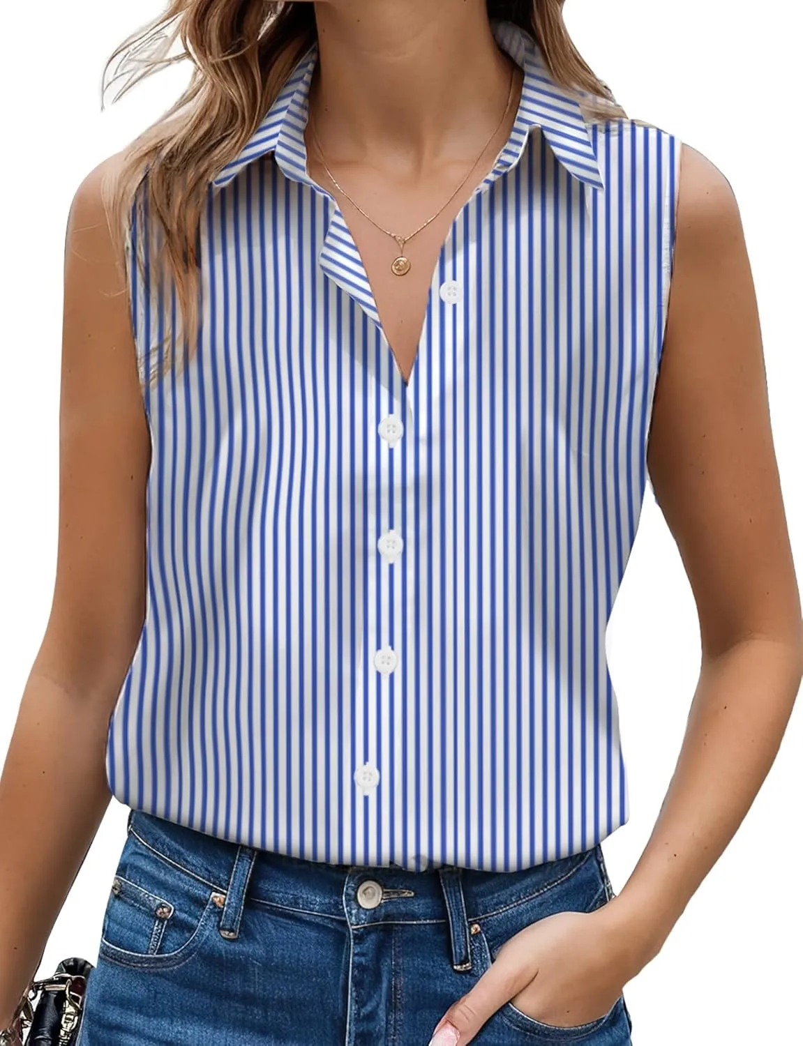 Sleeveless Button Down Shirts for Womens, Solid Casual Blouse V Neck Tank Tops for Business, Classic Collared Basic Tops