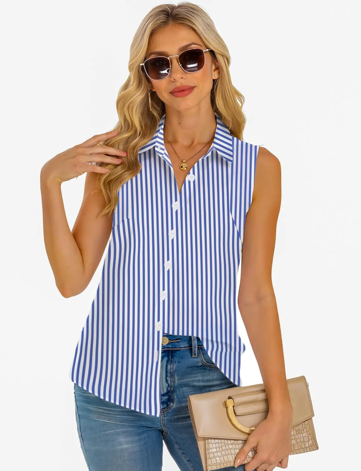 Sleeveless Button Down Shirts for Womens, Solid Casual Blouse V Neck Tank Tops for Business, Classic Collared Basic Tops