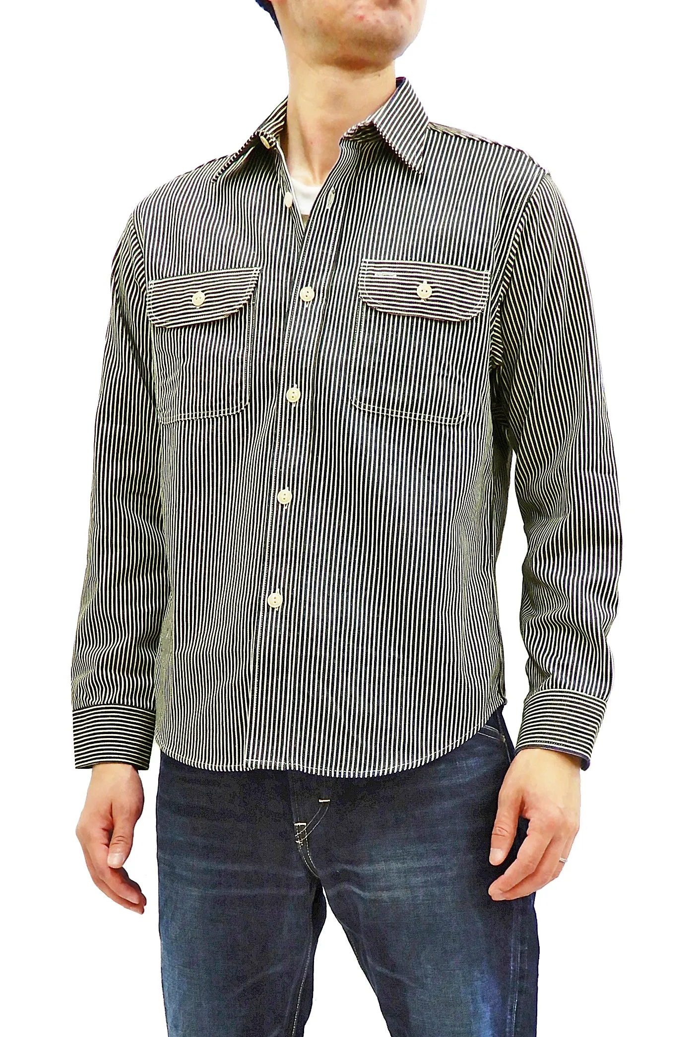 Sugar Cane Hickory Stripe Work Shirt Men's Casual Long Sleeve Button Up Shirt SC27853 Black