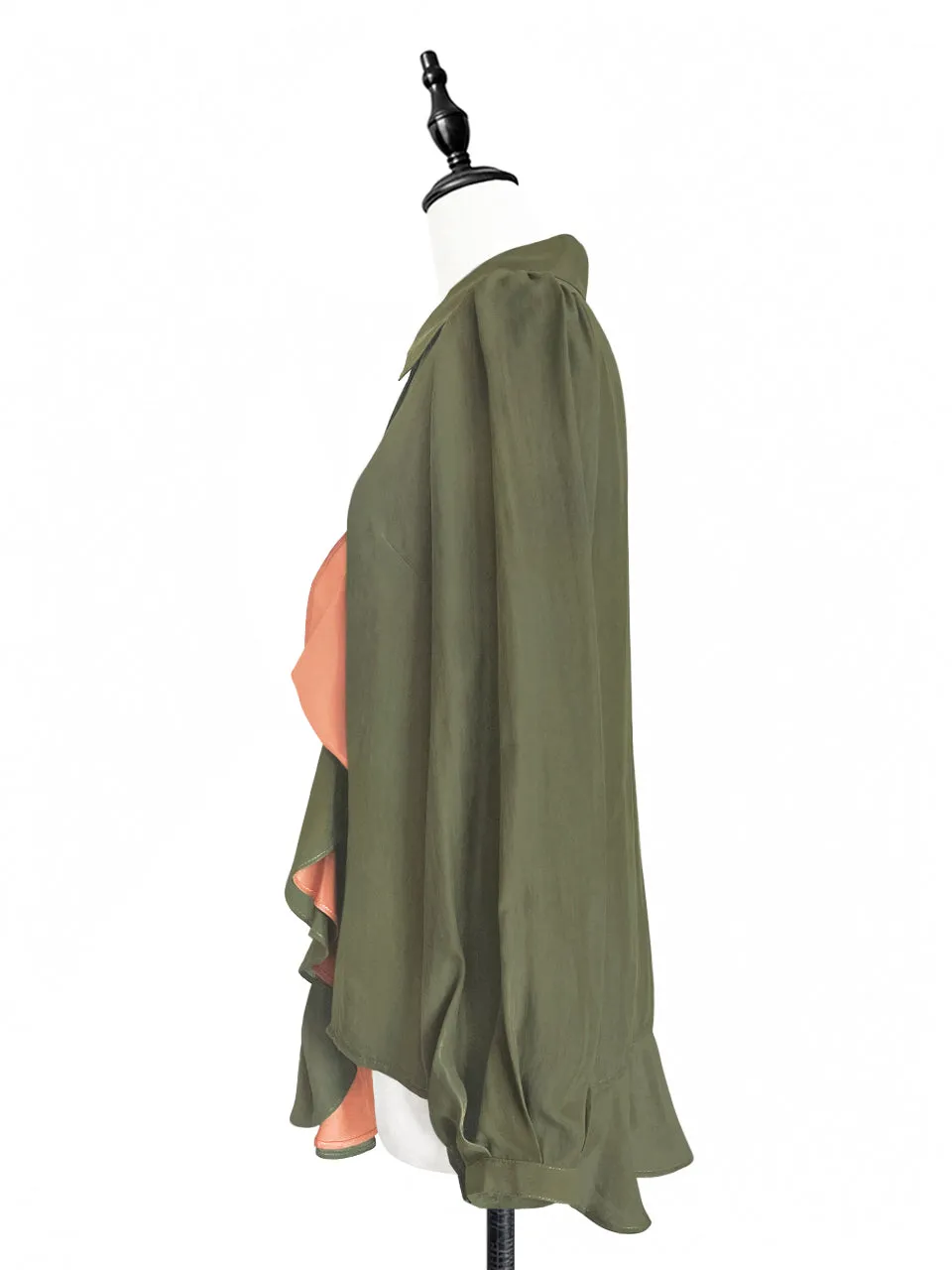 Surprise Sale! Dusted Khaki Asymmetrical Ruffle Silky Overshirt