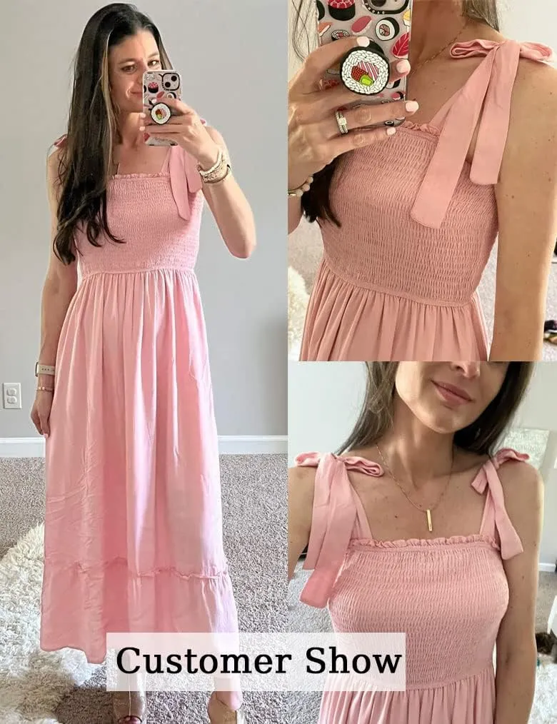 Tobrief Women's Boho Dress Summer Spaghetti Strap Square Neck Flowy Ruffle Beach Long Maxi Dress