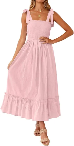 Tobrief Women's Boho Dress Summer Spaghetti Strap Square Neck Flowy Ruffle Beach Long Maxi Dress