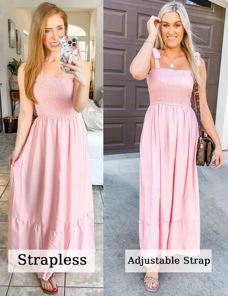 Tobrief Women's Boho Dress Summer Spaghetti Strap Square Neck Flowy Ruffle Beach Long Maxi Dress