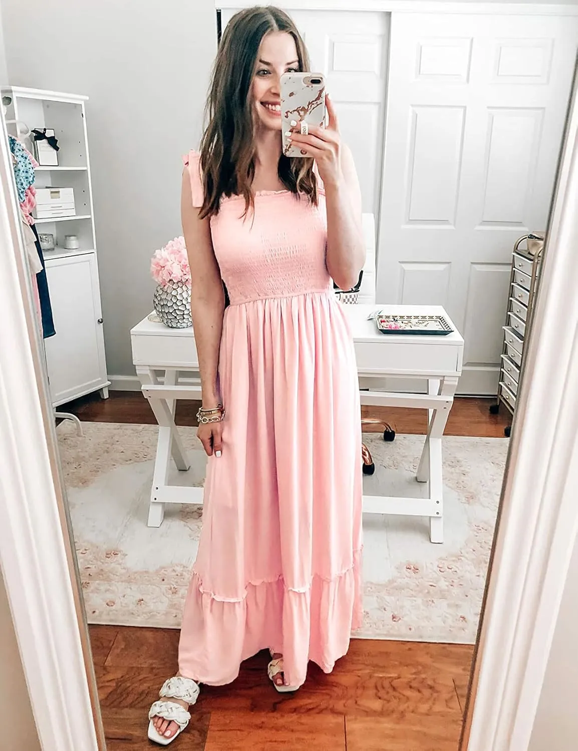 Tobrief Women's Boho Dress Summer Spaghetti Strap Square Neck Flowy Ruffle Beach Long Maxi Dress