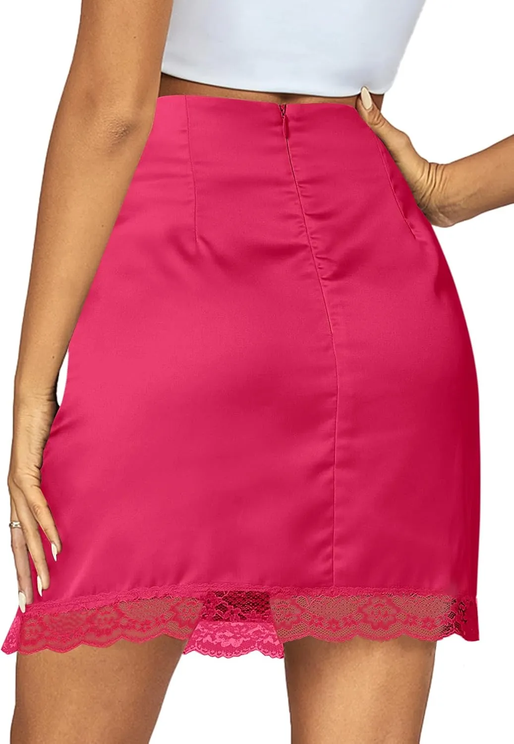 Vrtige Women's Satin Lace Trim High Waist Split Hem Bodycon Mini Short Skirt