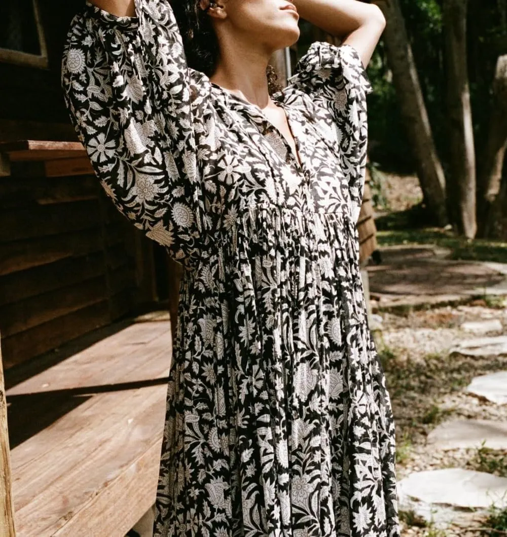 Women Boho Maxi Dress Floral 3/4 Lantern Sleeve V Neck Loose Flowy Long Dress Bohemian Beach Sundress