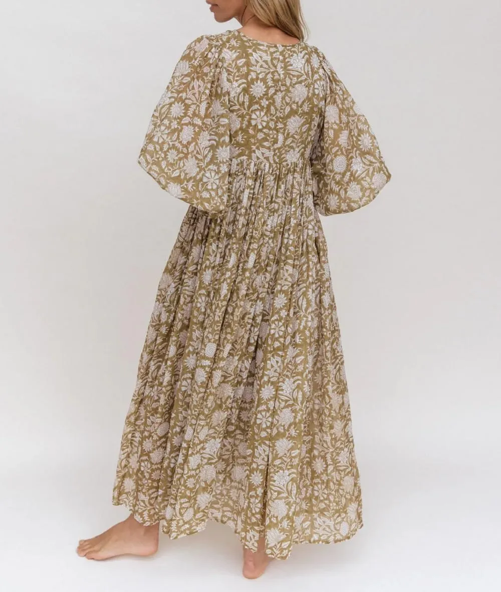 Women Boho Maxi Dress Floral 3/4 Lantern Sleeve V Neck Loose Flowy Long Dress Bohemian Beach Sundress