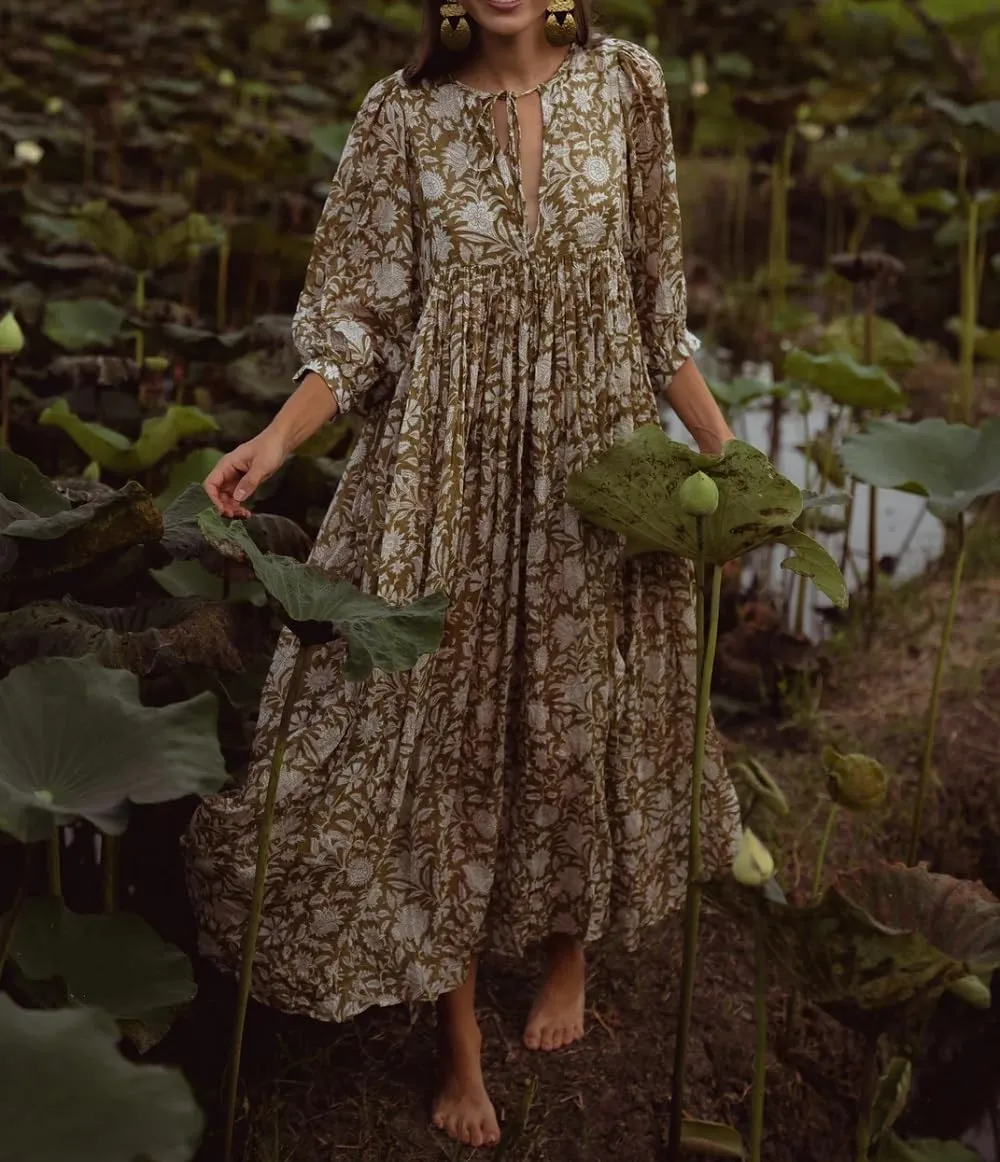 Women Boho Maxi Dress Floral 3/4 Lantern Sleeve V Neck Loose Flowy Long Dress Bohemian Beach Sundress
