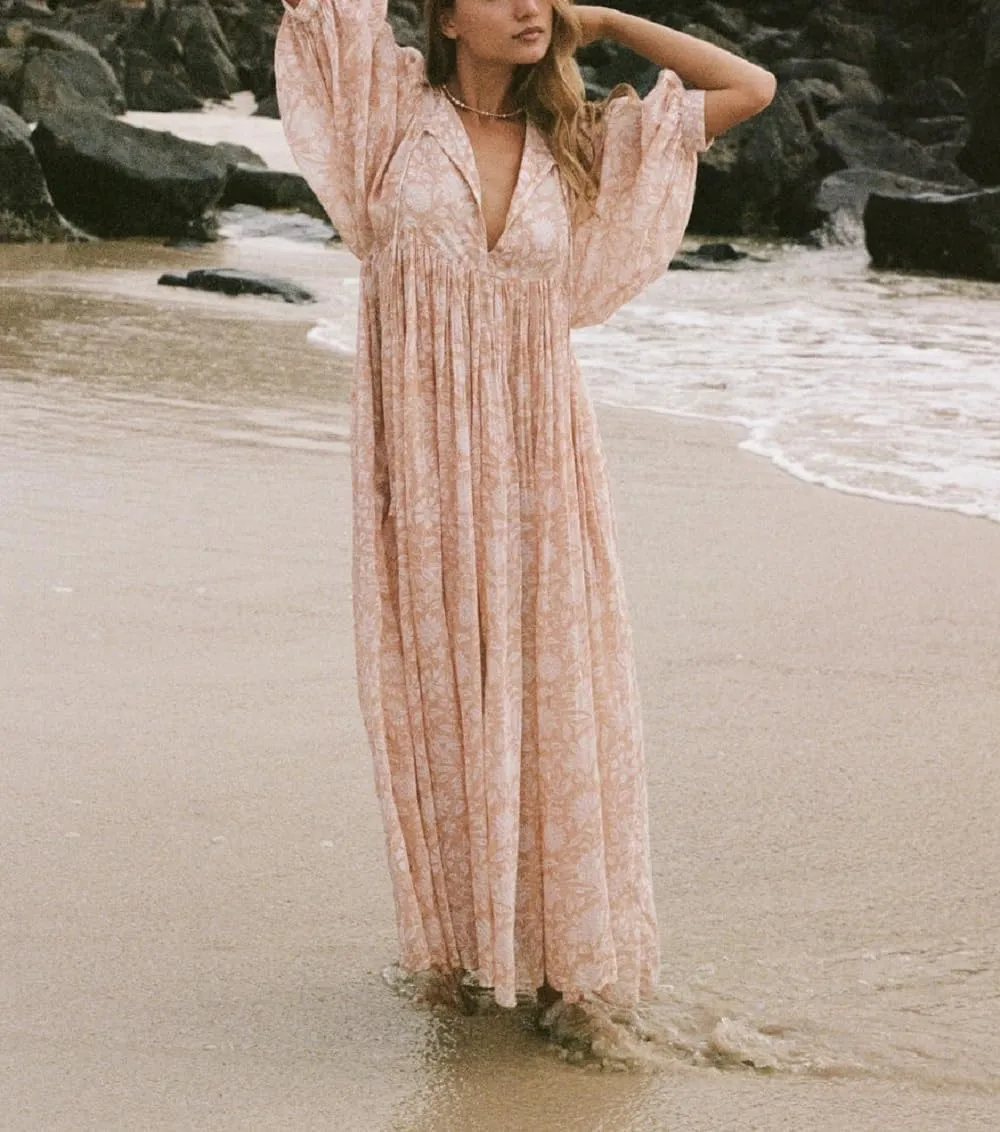 Women Boho Maxi Dress Floral 3/4 Lantern Sleeve V Neck Loose Flowy Long Dress Bohemian Beach Sundress