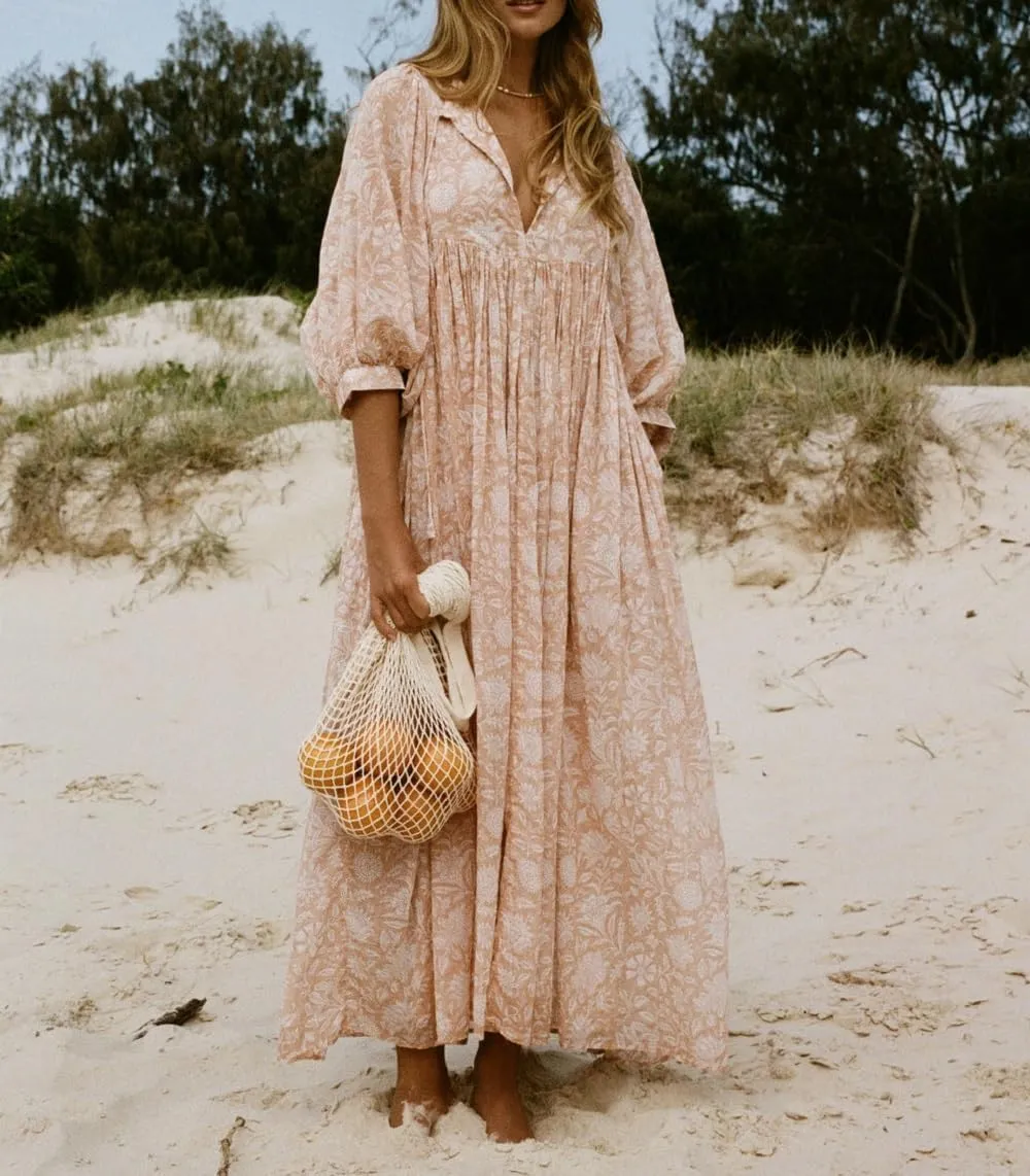 Women Boho Maxi Dress Floral 3/4 Lantern Sleeve V Neck Loose Flowy Long Dress Bohemian Beach Sundress